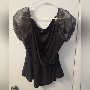 Elegant Black Women's Top with Sheer Sleeves L